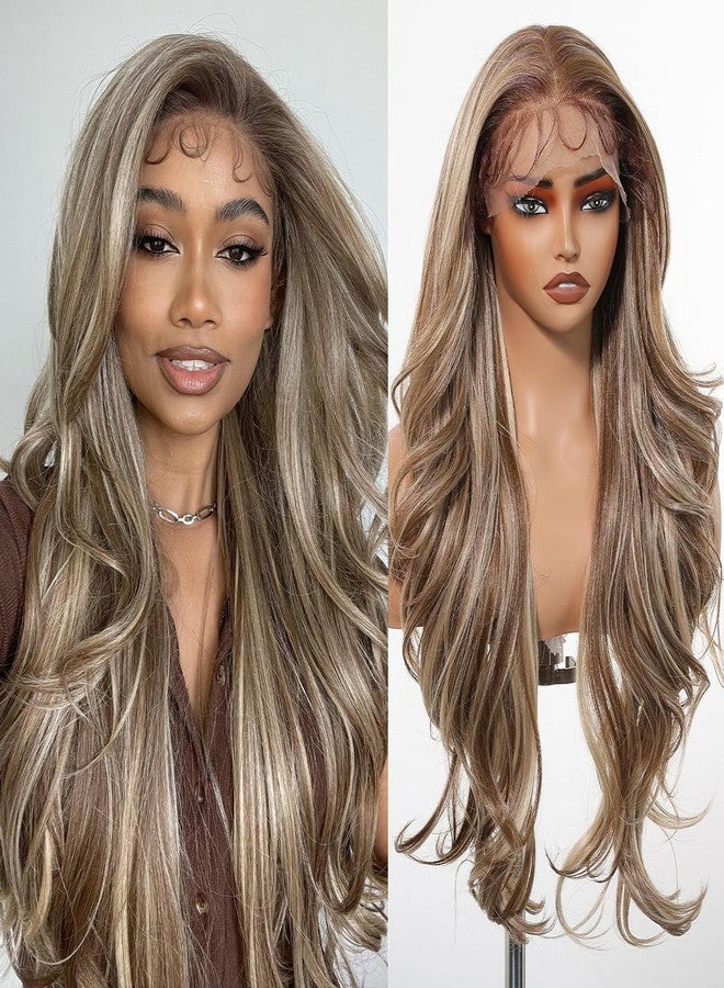 Allbell 13x6 HD Lace Wigs Honey Blonde Synthetic Lace Front Wig Preplucked Hairline with Baby Hair 28inch Long Body Wave Lace Wigs for Women(Brown with Blonde Highlights) - Image 2